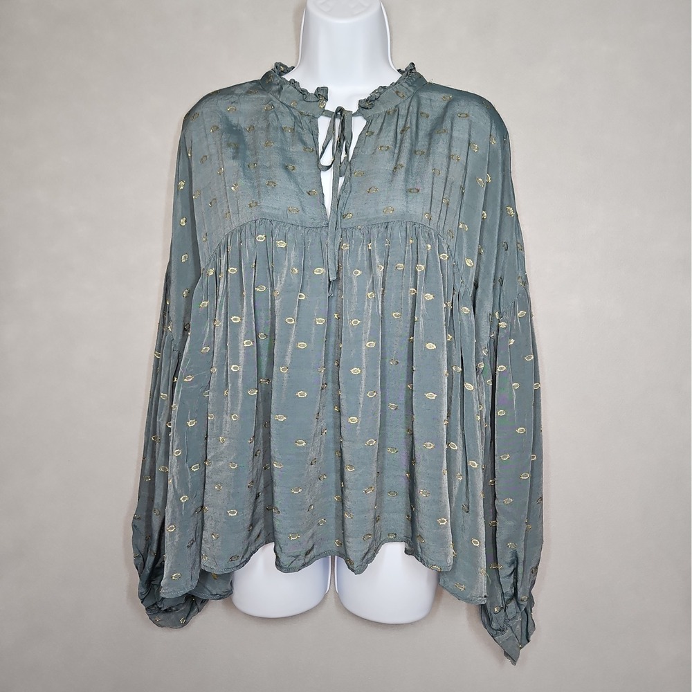 Anthropologie Womens Teal Gold Metallic Long Sleeve Babydoll Blouse Size XL